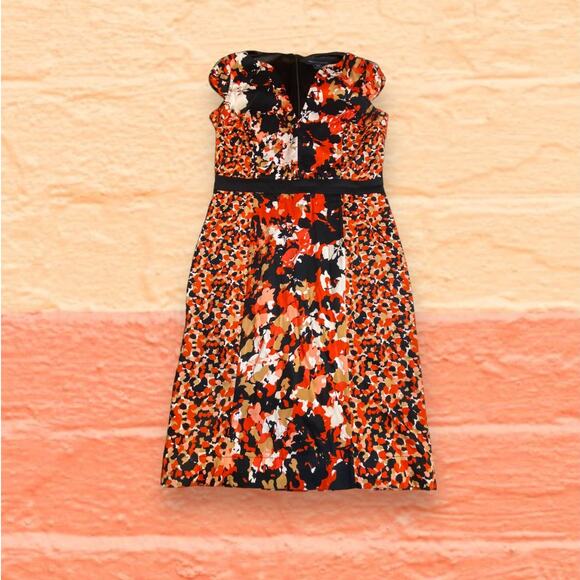 French Connection Orange Black Abstract Splatter Cotton Stretch Midi Dress S 6 - Picture 1 of 9